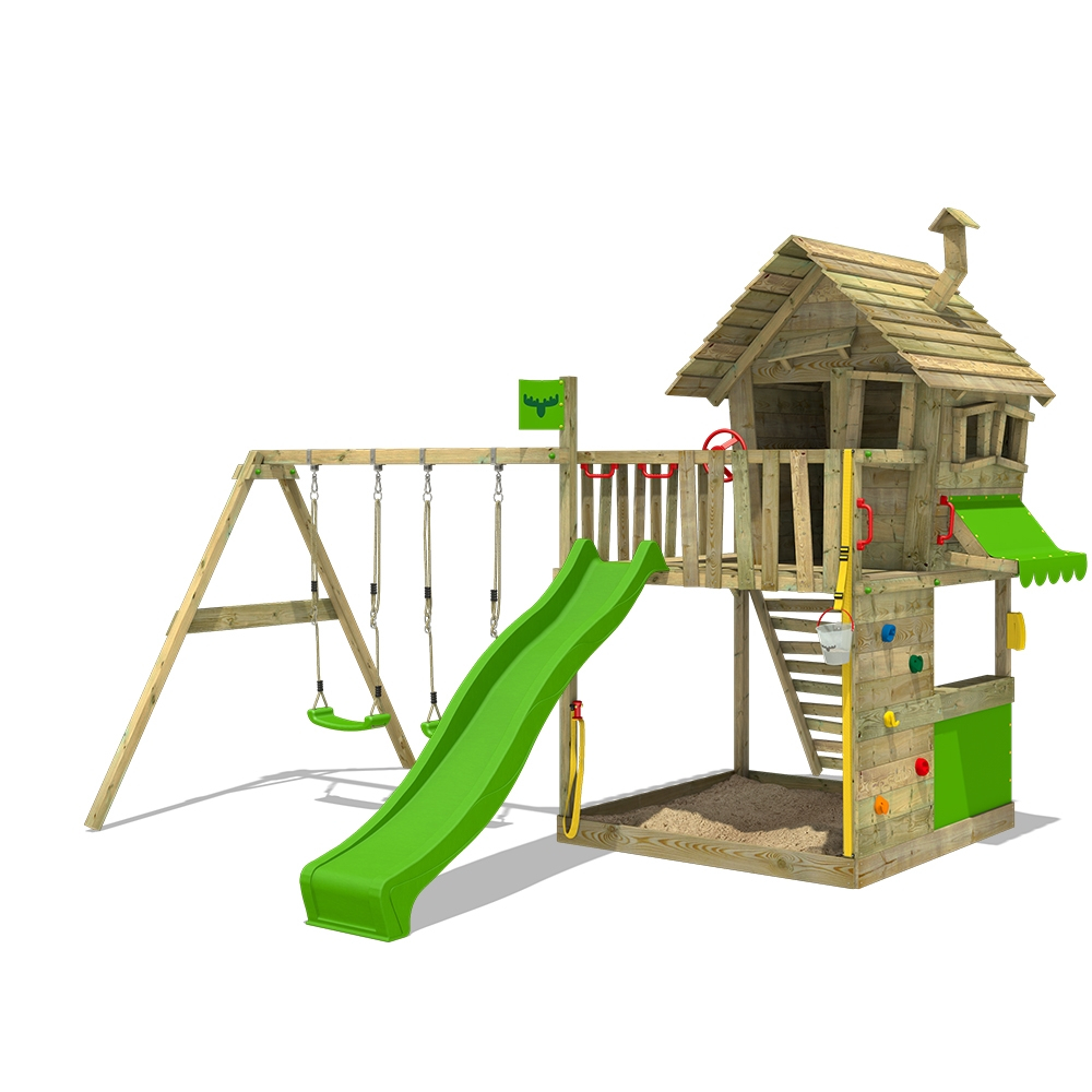 Torre de escalada da exterior con arenero y escalera para niños FATMOOSE Parque infantil de madera KiwiKey Kick XXL con columpio SuperSwing y tobogán verde 